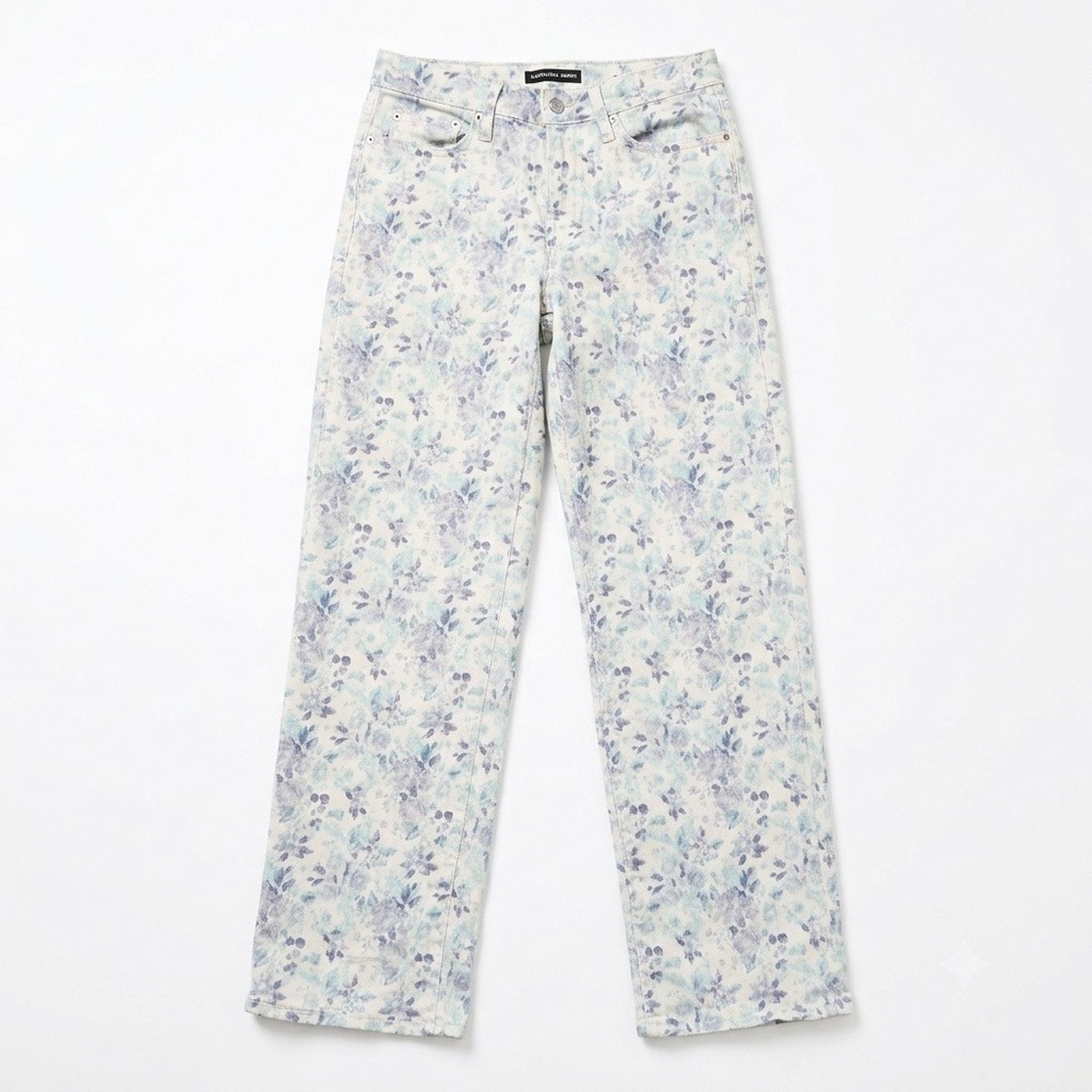 Lucky Brand The Baggy Jeans Womens‎ Size 4 27 Floral Blue White Stretch Denim